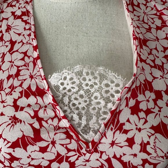 Burberry A Line Short Silk Dress Lace Flutter Sleeve Red White Floral Print Sz 6 - Picture 5 of 16